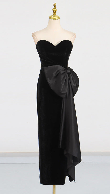 BOW IRREGULAR ASYMMETRIC SLEEVELESS MIDI DRESS IN BLACK