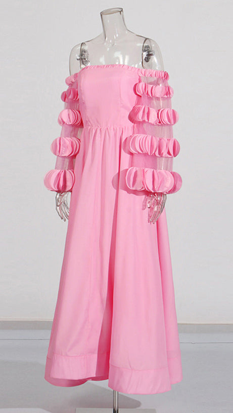 PETALS STRAPLESS TULLE MAXI DRESS IN PINK