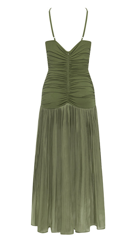 GREEN STRAPLESS DRESS WITH PLEATED PANELS MIDI DRESS
