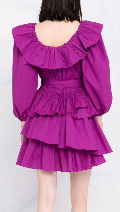 MURRAY PUFF SLEEVE RUFFLE LAYER MINI DRESS IN PURPLE