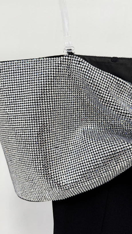 CRYSTAL BOW CRÊPE MAXI DRESS IN BLACK