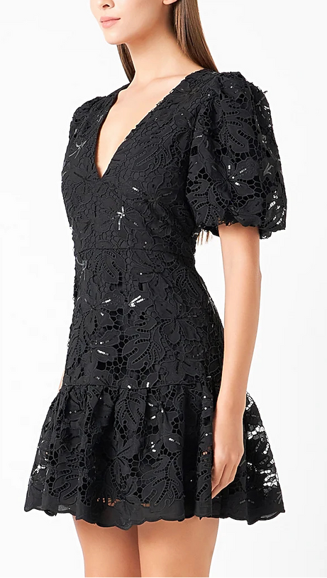 black sequin lace fitted flared mini dress