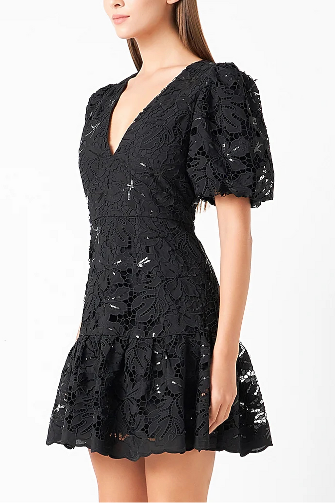 black sequin lace fitted flared mini dress