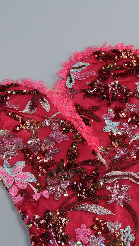 STRAPLESS FLORAL SEQUINS EMBROIDERY BODYCON GOWN MAXI DRESS