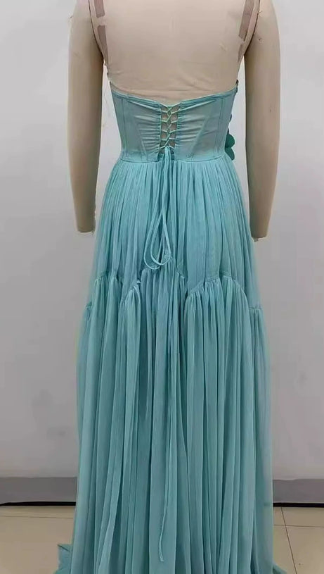 AALIYAH GREEN FLOWER EMBELLISH TULLE STRAPLESS MAXI DRESS