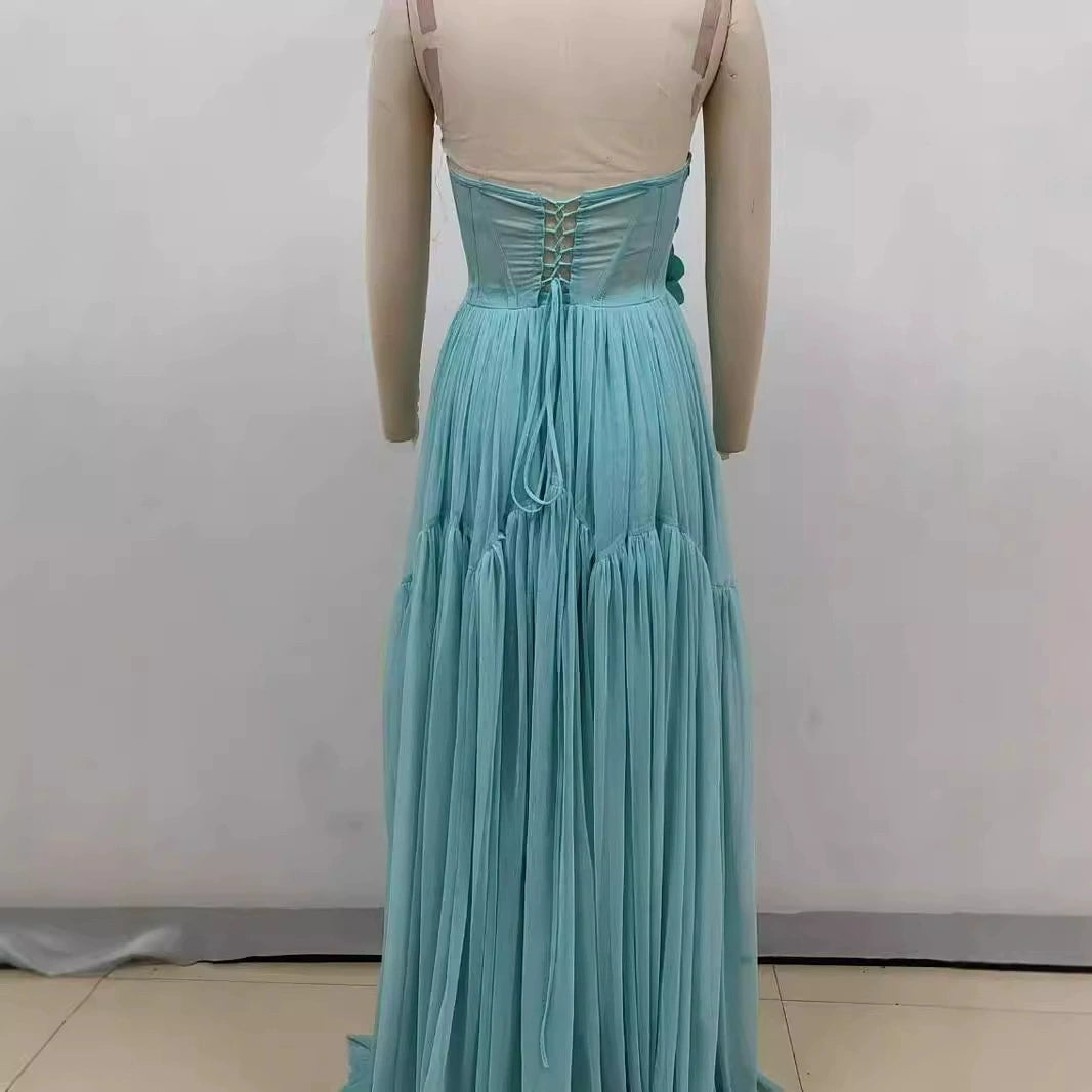 AIIZIE AALIYAH GREEN FLOWER EMBELLISH TULLE STRAPLESS MAXI DRESS - product image