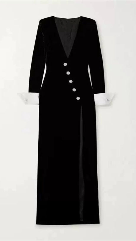 CROWN BLACK LONG SLEEVE V-NECK MAXI DRESS