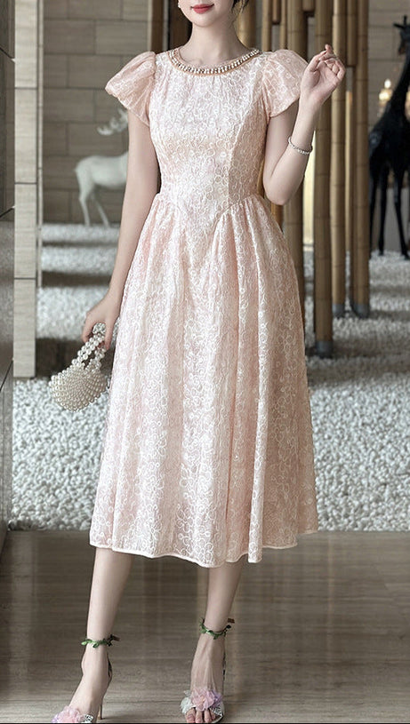 pearl neck Puff sleeve flared lace midi dress - pink