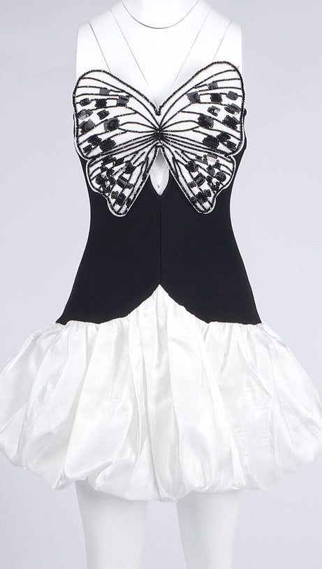 BUTTERFLY EMBROIDERED BODICE PUFFBALL MINI DRESS IN BLACK