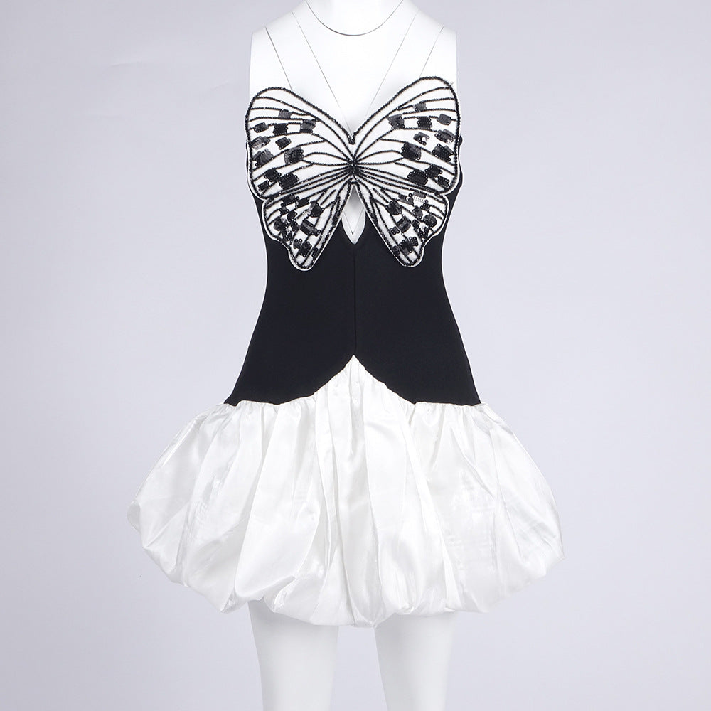 AIIZIE BUTTERFLY EMBROIDERED BODICE PUFFBALL MINI DRESS IN BLACK - product image