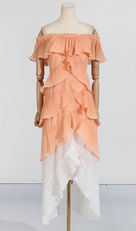 DORA PEACH MULTI OMBRE OFF-SHOULDER PLEATED ORGANZA MAXI DRESS