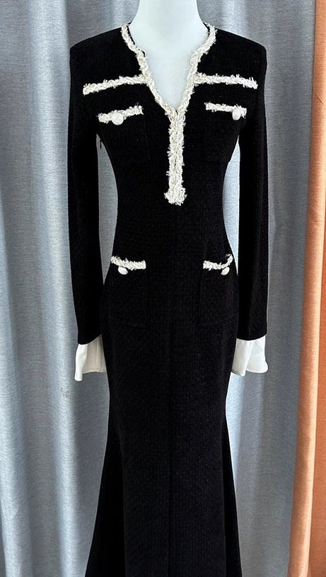 METALLIC YARN VELVET MIDI DRESS IN BLACK