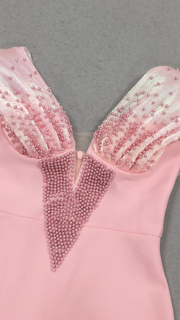 AIIZIE PINK OFF SHOULDER BEADED BANDAGE MAXI DRESS - product image