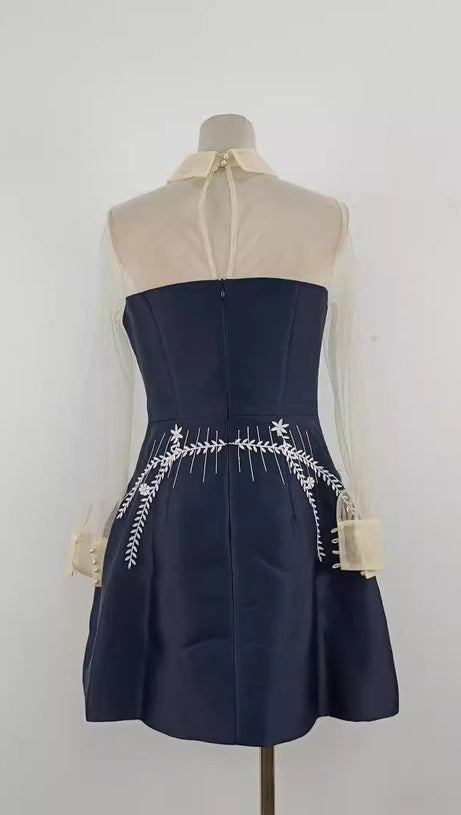 EMBROIDERED FLOWER LAPEL TULLE MINI DRESS IN DARK BLUE