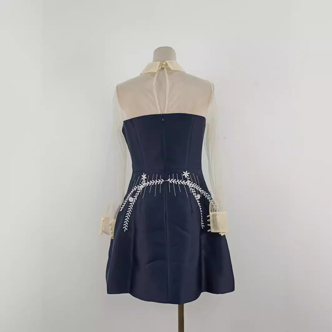 AIIZIE EMBROIDERED FLOWER LAPEL TULLE MINI DRESS IN DARK BLUE - product image