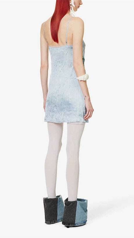 MINI ABITO IN RASO CON STAMPA A FIOCCO E BORDI IN TULLE, COLORE AZZURRO PALLIDO