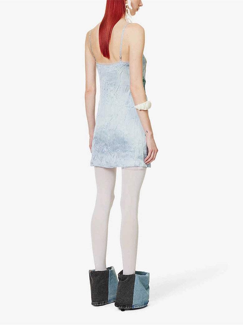 AIIZIE BOW-PRINT TULLE-TRIMS SATIN MINI DRESS IN PALE BLUE - product image