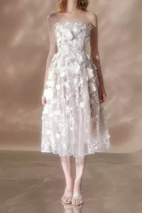 ANNA CRYSTAL FLORAL EMBROIDERY MIDI DRESS IN WHITE