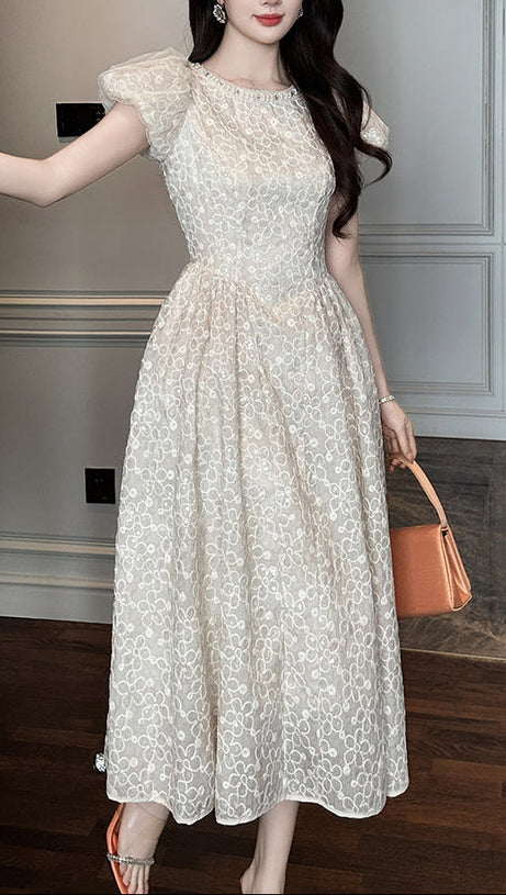 pearl neck Puff sleeve flared lace maxi dress - apricot
