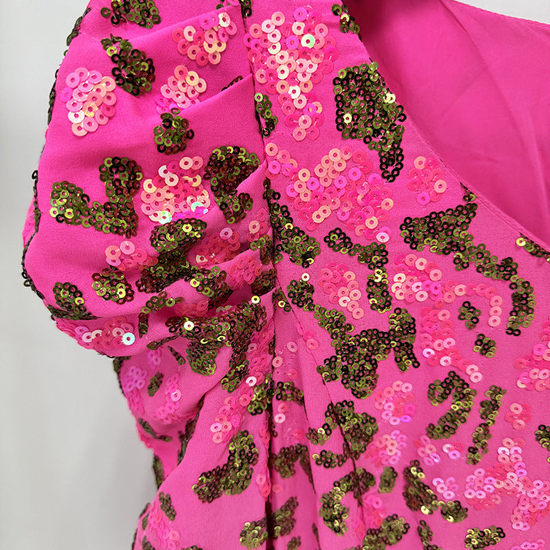 pink embroidered sequin long dress