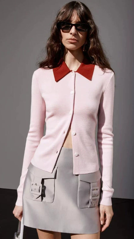 HAIDE WOMEN'S CHIC CONTRAST COLLAR LONG SLEEVE KNIT POLO TOP