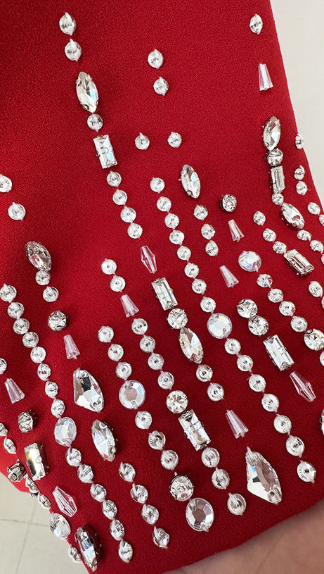 BIELA V-NECK CRYSTAL-EMBELLISHED MIDI DRESS IN RED