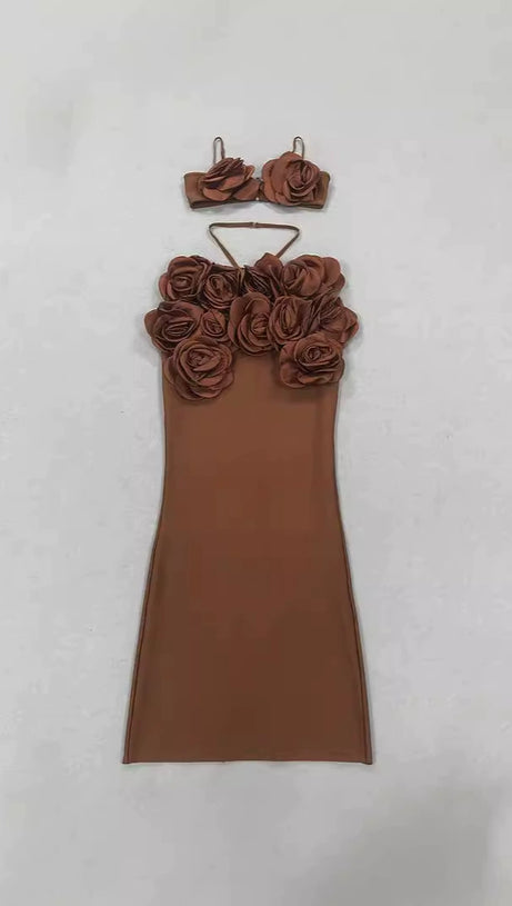 EVANGELINE 3D FLOWER CROP TOP SKIRT SET IN BROWN