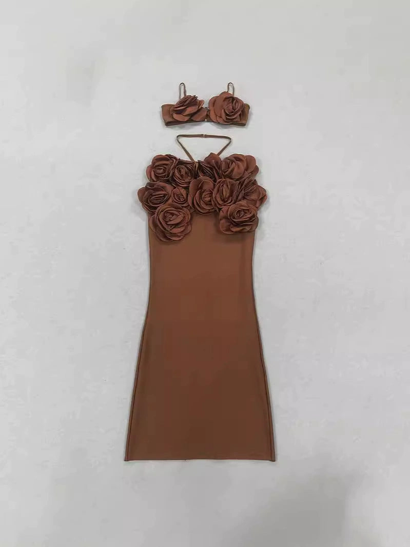 AIIZIE EVANGELINE 3D FLOWER CROP TOP SKIRT SET IN BROWN - product image