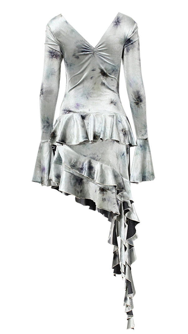 AIIZIE TIE DYE ASYMMETRIC FRINGE FLORAL MIDI DRESS - product image