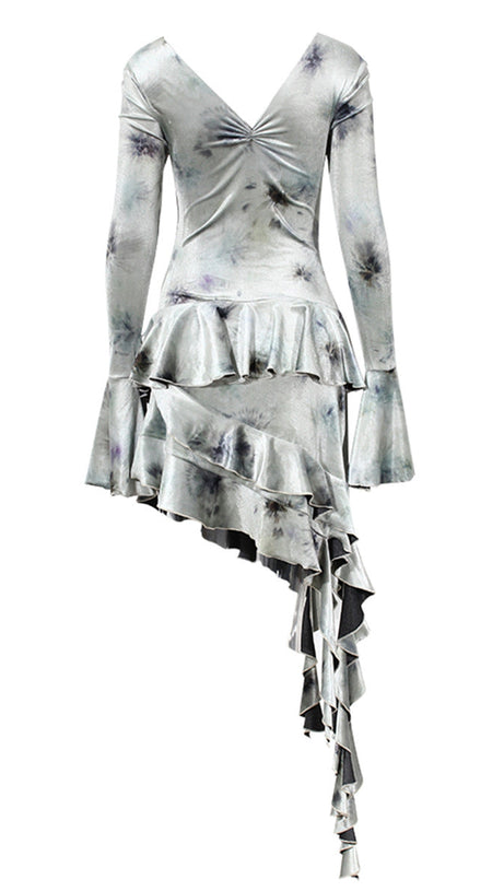 TIE DYE ASYMMETRIC FRINGE FLORAL MIDI DRESS