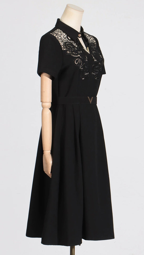 AIIZIE MYRA BLACK HOLLOW HOOK FLOWER A-LINE MIDI DRESS - product image