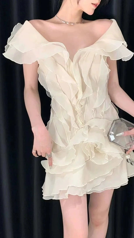 MINI ABITO SABRINA SENZA SPALLINE CON VOLANT A STRATI, BEIGE