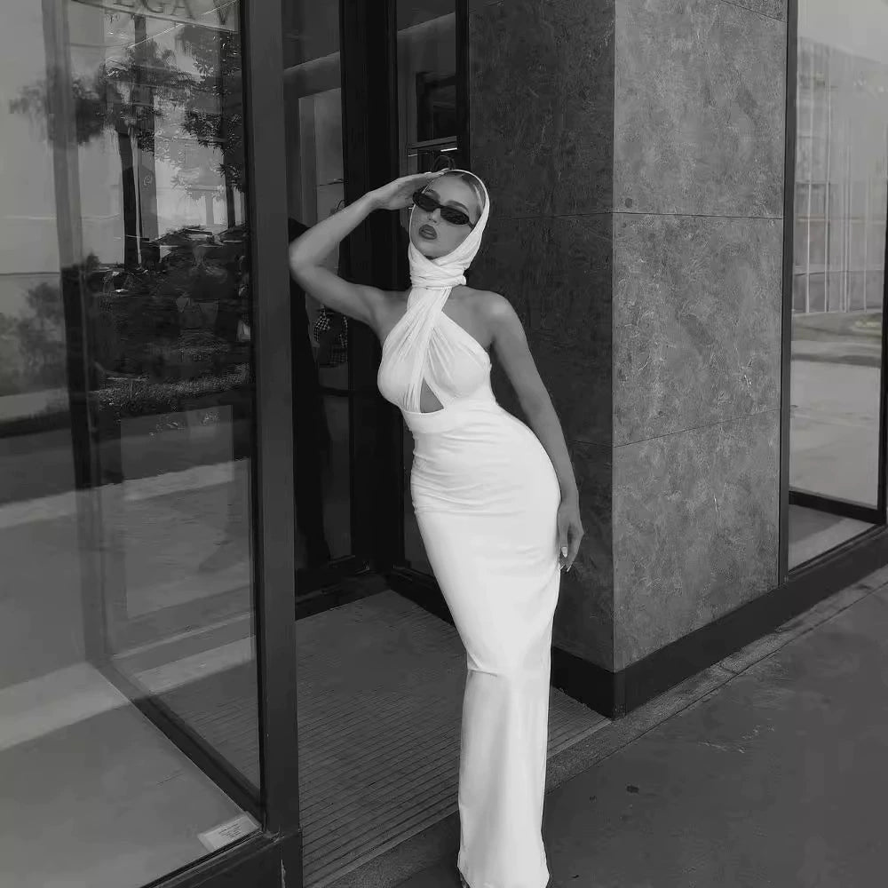 MERRY WHITE SHEER MESH UPPER PONTE LOWER MAXI DRESS