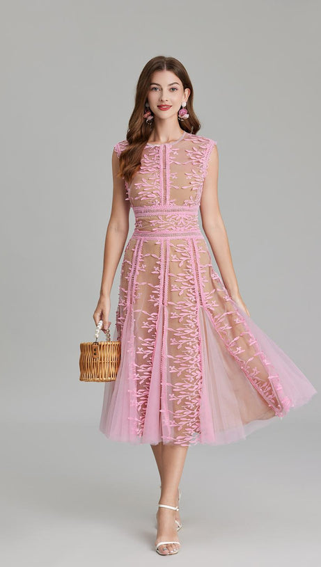 phoenix 3d Embroidered lace mesh midi dress in pink