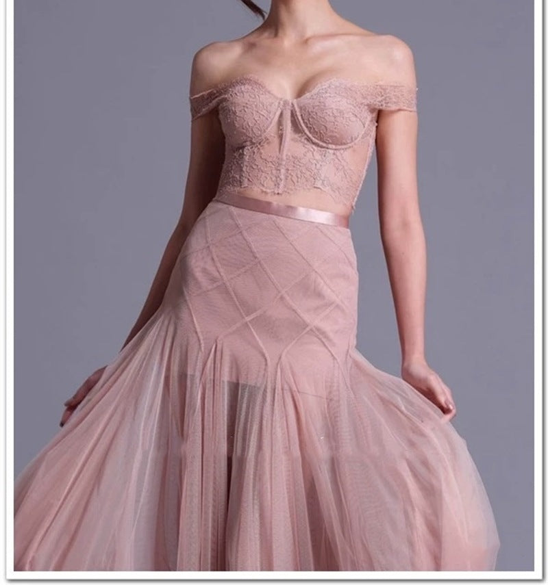 AIIZIE FLORAL DENTELLE OFF-SHOULDER BUSTIER CORSET NET SKIRT SET IN PINK - product image