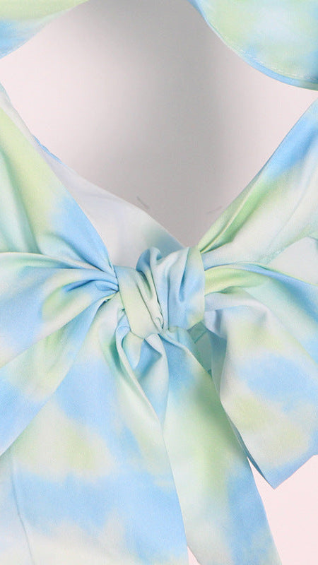 CHIC TIE-DYE TWISTED CUTOUT LONG SLEEVE CROP TOP FOR WOMEN