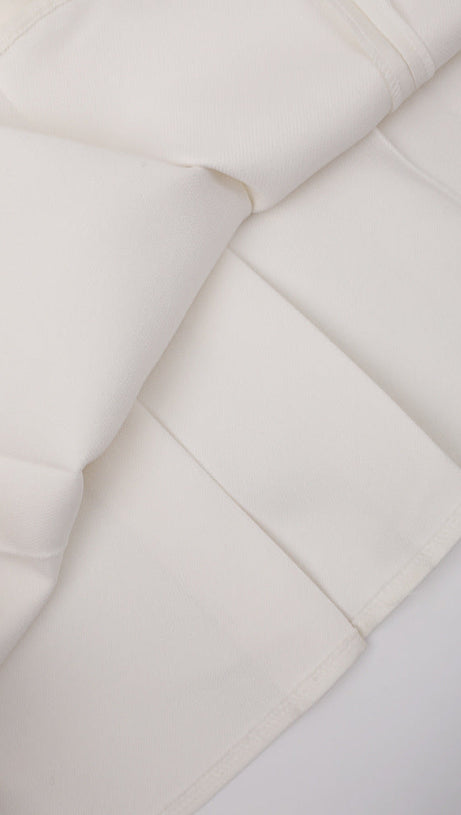 ALICE BEIGE WHITE PLEATED BOW OFF-SHOULDER MIDI DRESS