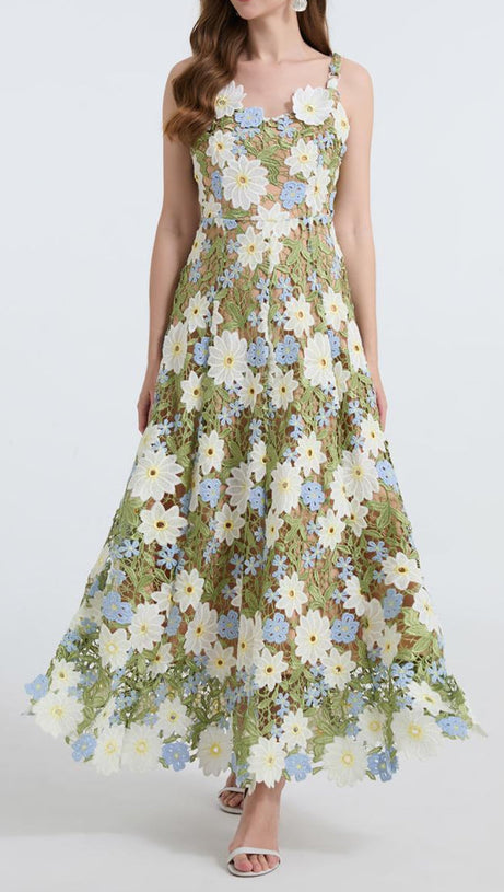 CELESTE FLORAL HOLLOW STITCHING MAXI DRESS IN GREEN
