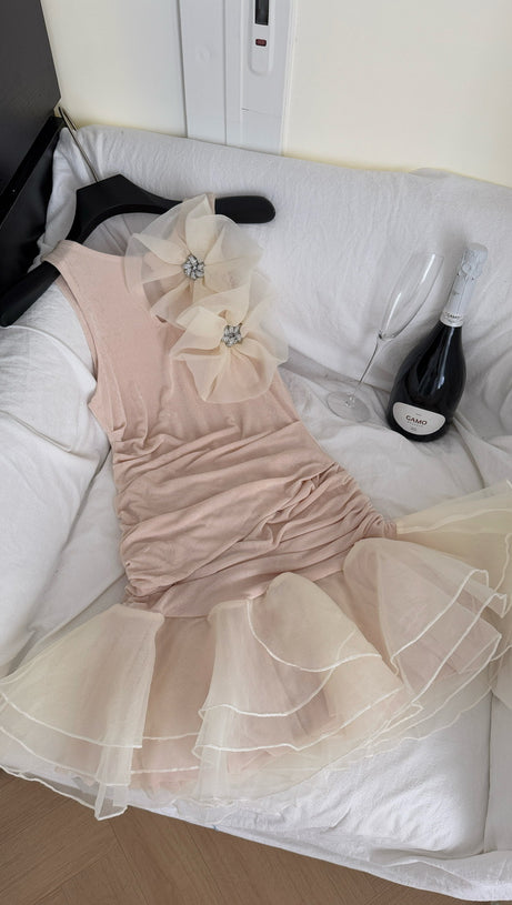 ROUND NECK SLEEVELESS RUFFLED MINI DRESS