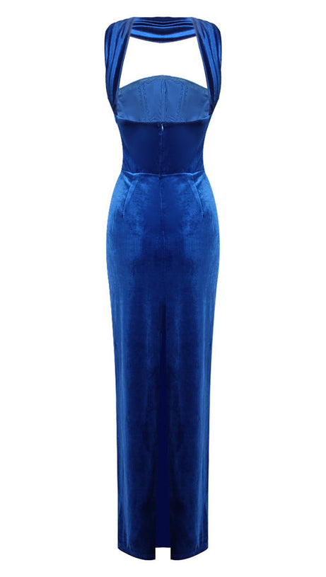 JOSEPHINE OFF-SHOULDER VELVET SASH GOWN IN BLUE