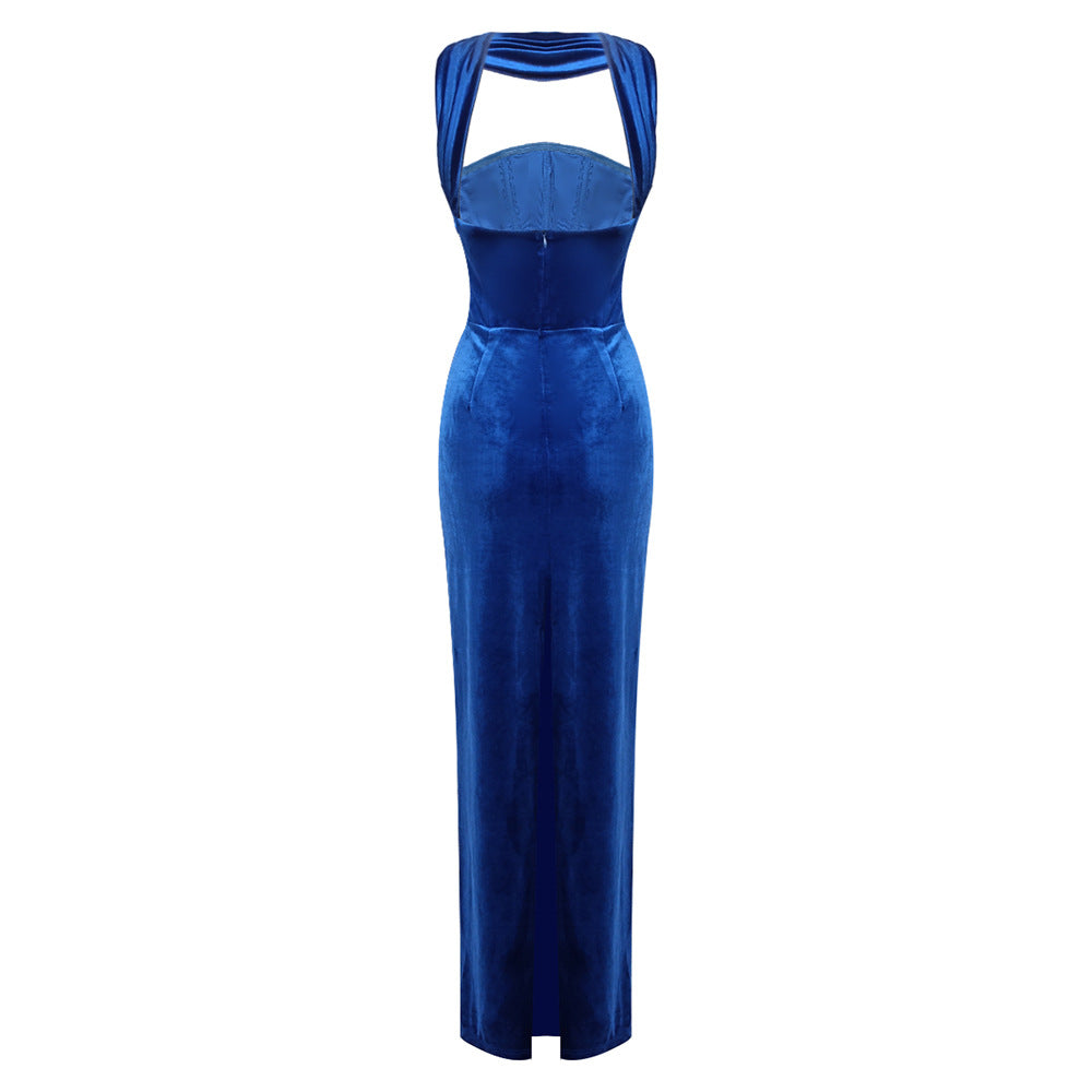 AIIZIE JOSEPHINE OFF-SHOULDER VELVET SASH GOWN IN BLUE - product image