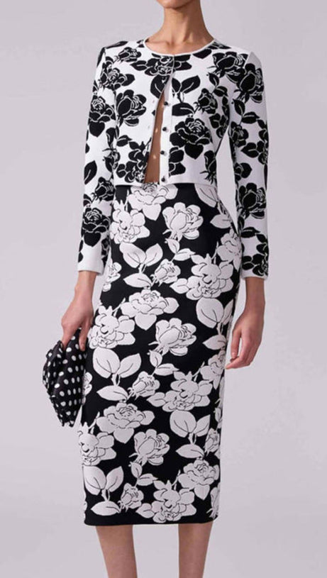 KNIT FLORAL JACQUARD MIDI PENCIL CARDIGAN SKIRT SET