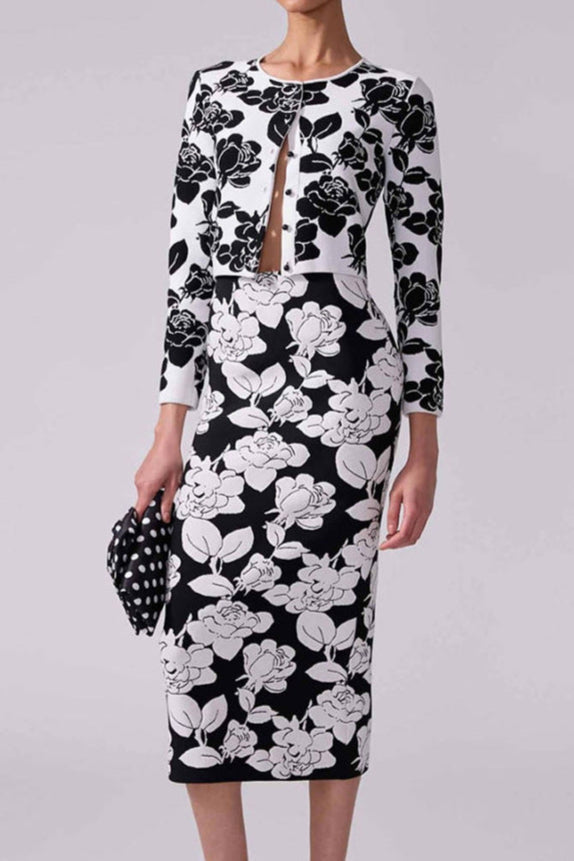 SET GONNA CARDIGAN MIDI A MATITA IN MAGLIA JACQUARD FLOREALE