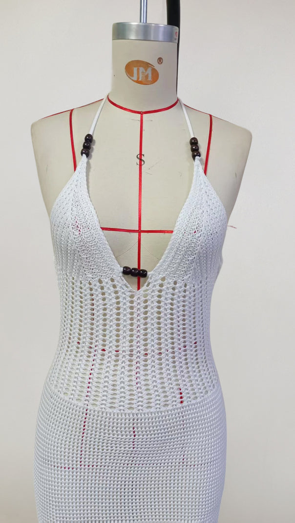 AIIZIE WHITE KNITTED V - NECK HALTER NECKLINE BACKLESS MAXI DRESS - product image