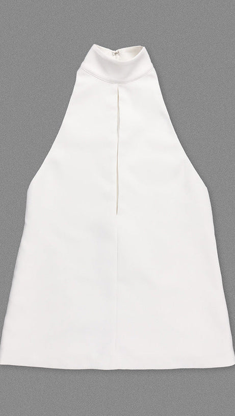 ABITO IN CREPE CON SCOLLO A V, SCHIENA SENZA TAGLIO E HALTER - BIANCO