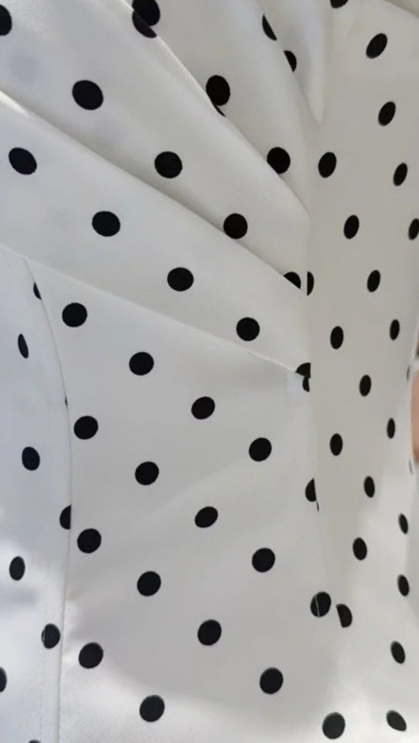 AIIZIE POLKA DOT STRAPLESS FLOWER CORSET PUFF MINI DRESS IN WHITE - product image