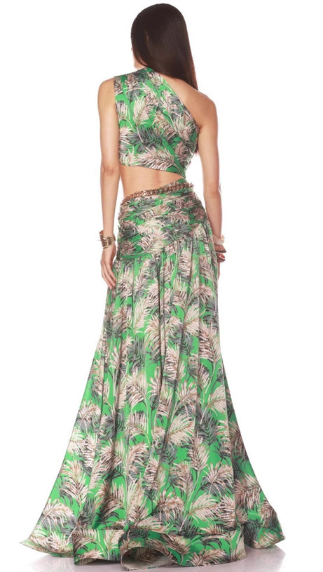 GREEN PALM LEAF PRINTED ONE - SHOULDER TWO - PIECE MAXI SKIRT SET
