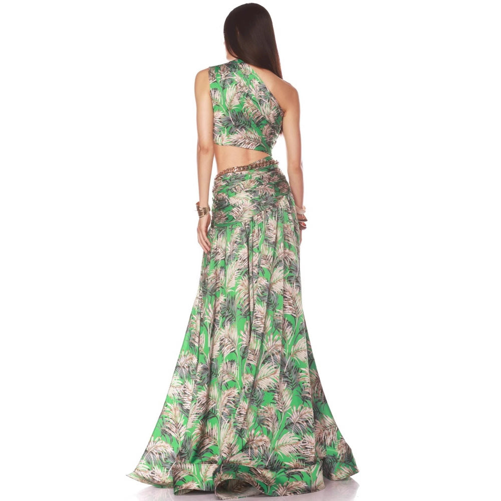 AIIZIE GREEN PALM LEAF PRINTED ONE - SHOULDER TWO - PIECE MAXI SKIRT SET - product image
