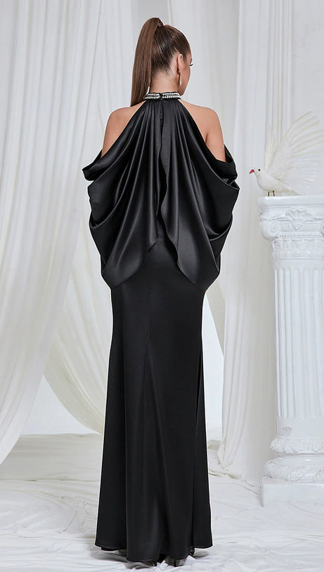 OFF-SHOULDER CRYSTAL HALTER MAXI DRESS IN BLACK