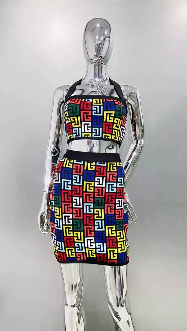 AIIZIE RACHEL MONOGRAM KNIT HALTERNECK TOP SKIRT SET - product image